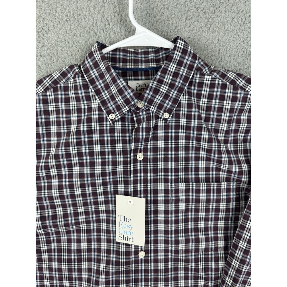 Croft & Barrow Shirt Mens Small Burgundy Plaid Easy Care Wrinkle Resistant New
